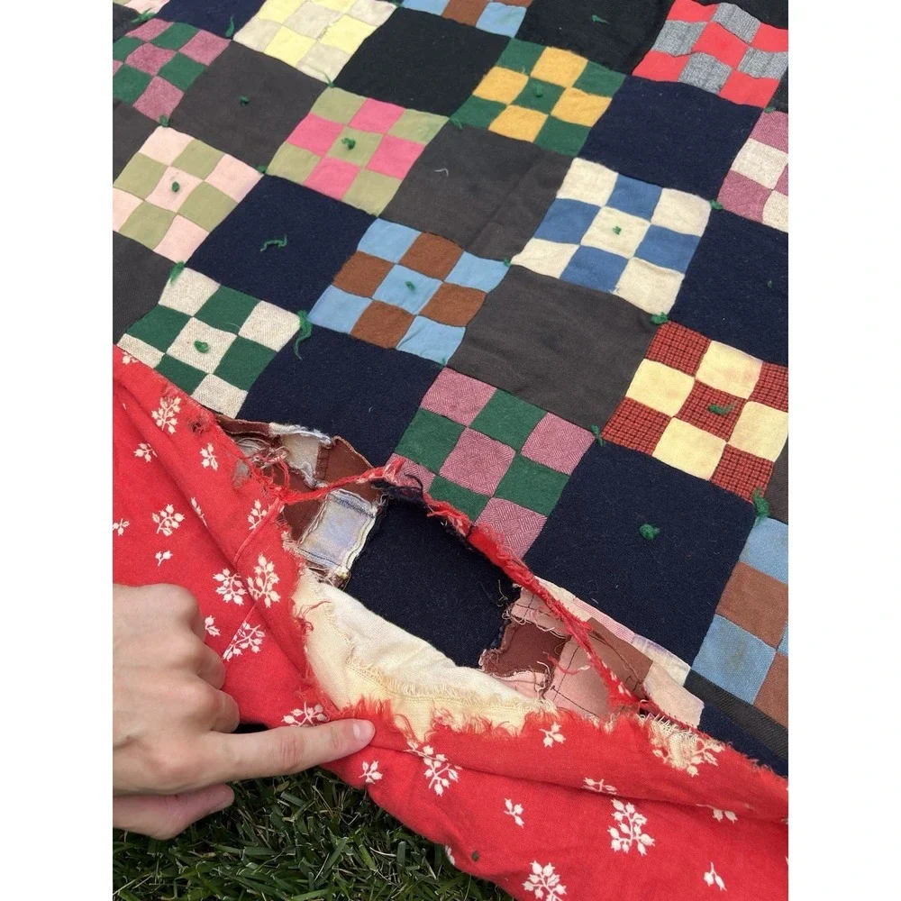 Vintage Hand Stitched Tied Nine Patch Quilt 86